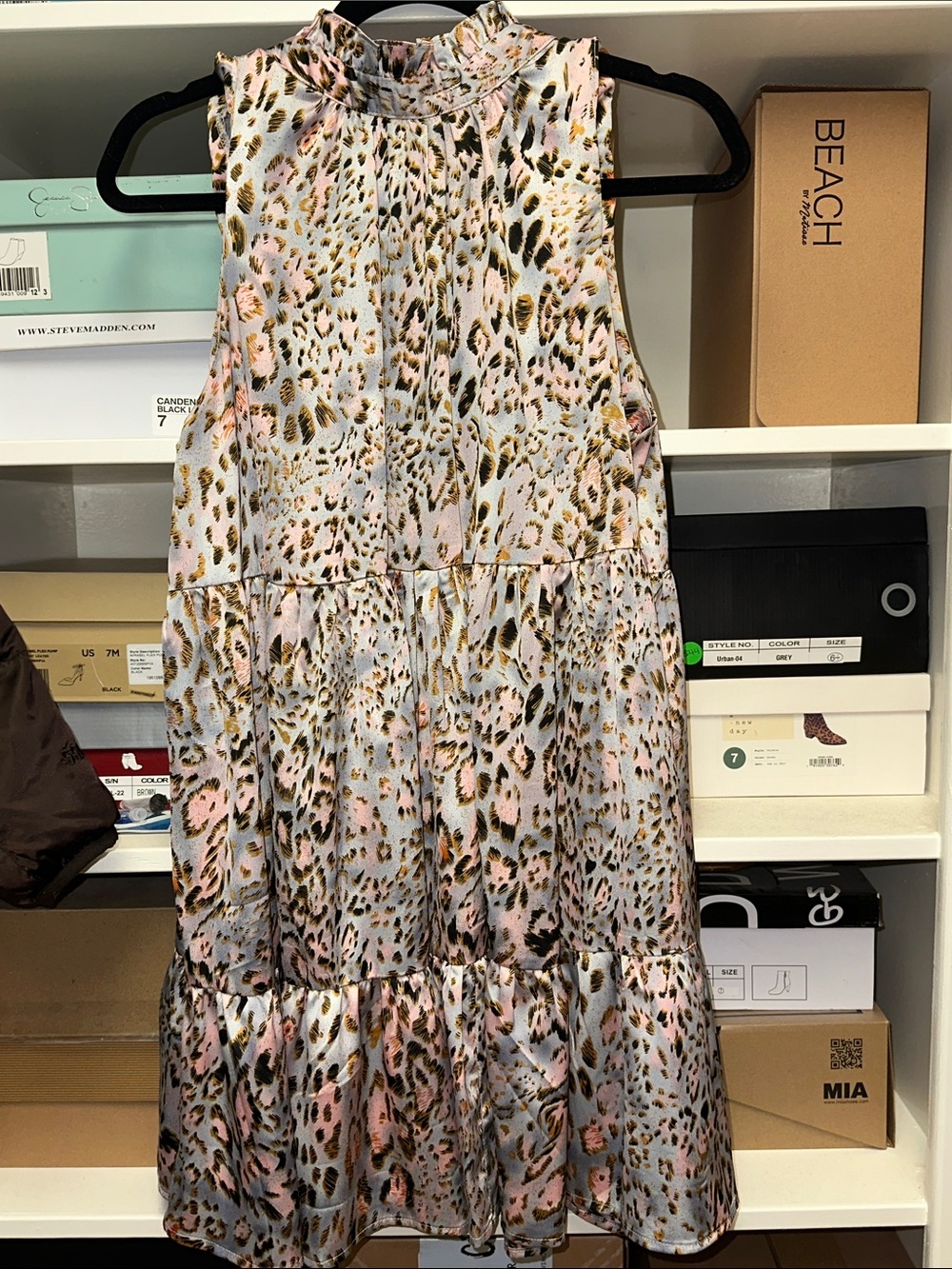 TCEC Sleeveless High-Neck Leopard Print Dress — Pink, Gray, Gold